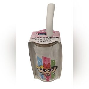 Powerpuff Girls Glass Tumbler with Straw. 16 Ounces.